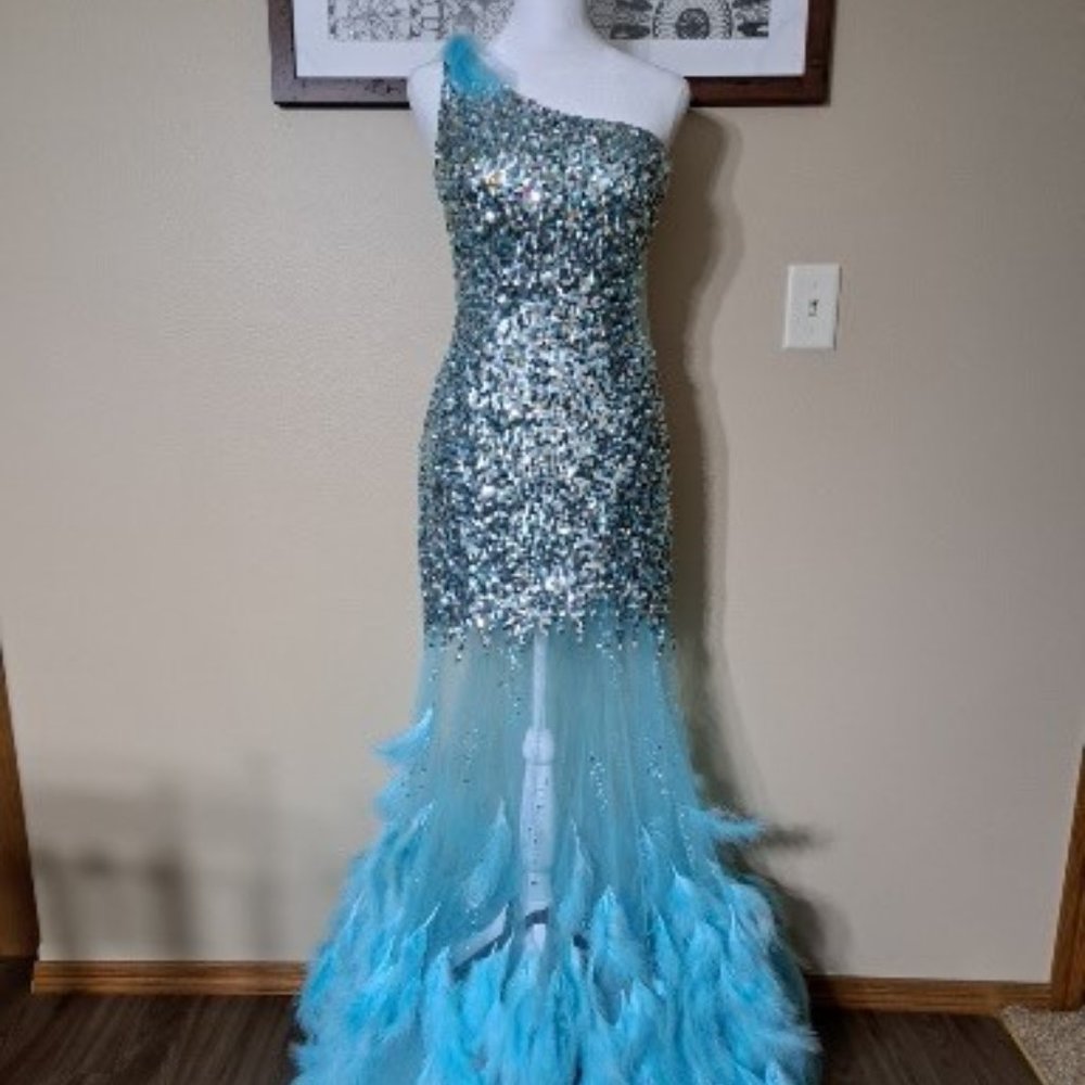 Mac Duggal Turquoise Sequin and Feather Gown